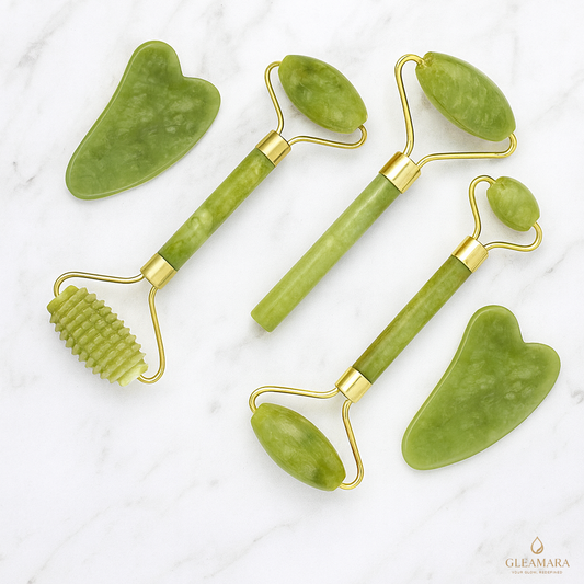 Gleamara™ 5-in-1 Jade Gua Sha Facial Massager Set – Natural Stone Skincare Roller