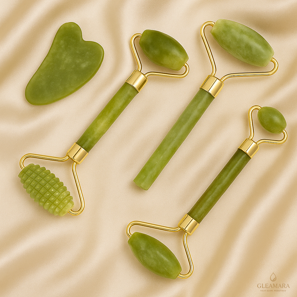 Gleamara™ 5-in-1 Jade Gua Sha Facial Massager Set – Natural Stone Skincare Roller